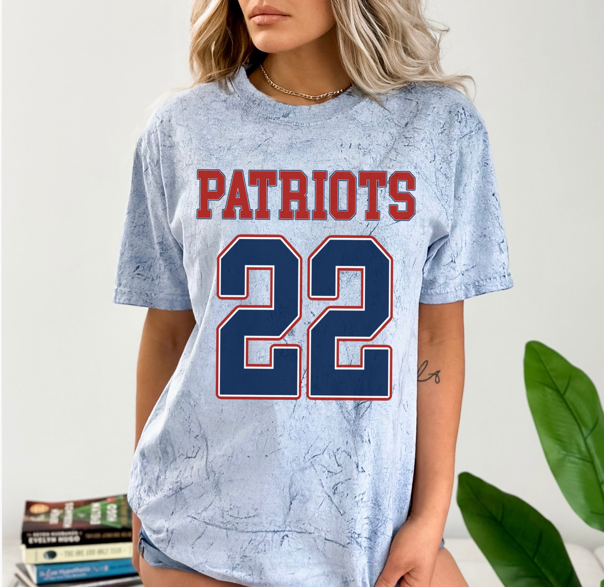 The Pink Mustache Patriots Football with Number Comfort Colors Color Blast Distressed Tee- Sizes and Inventory Limited Adult M