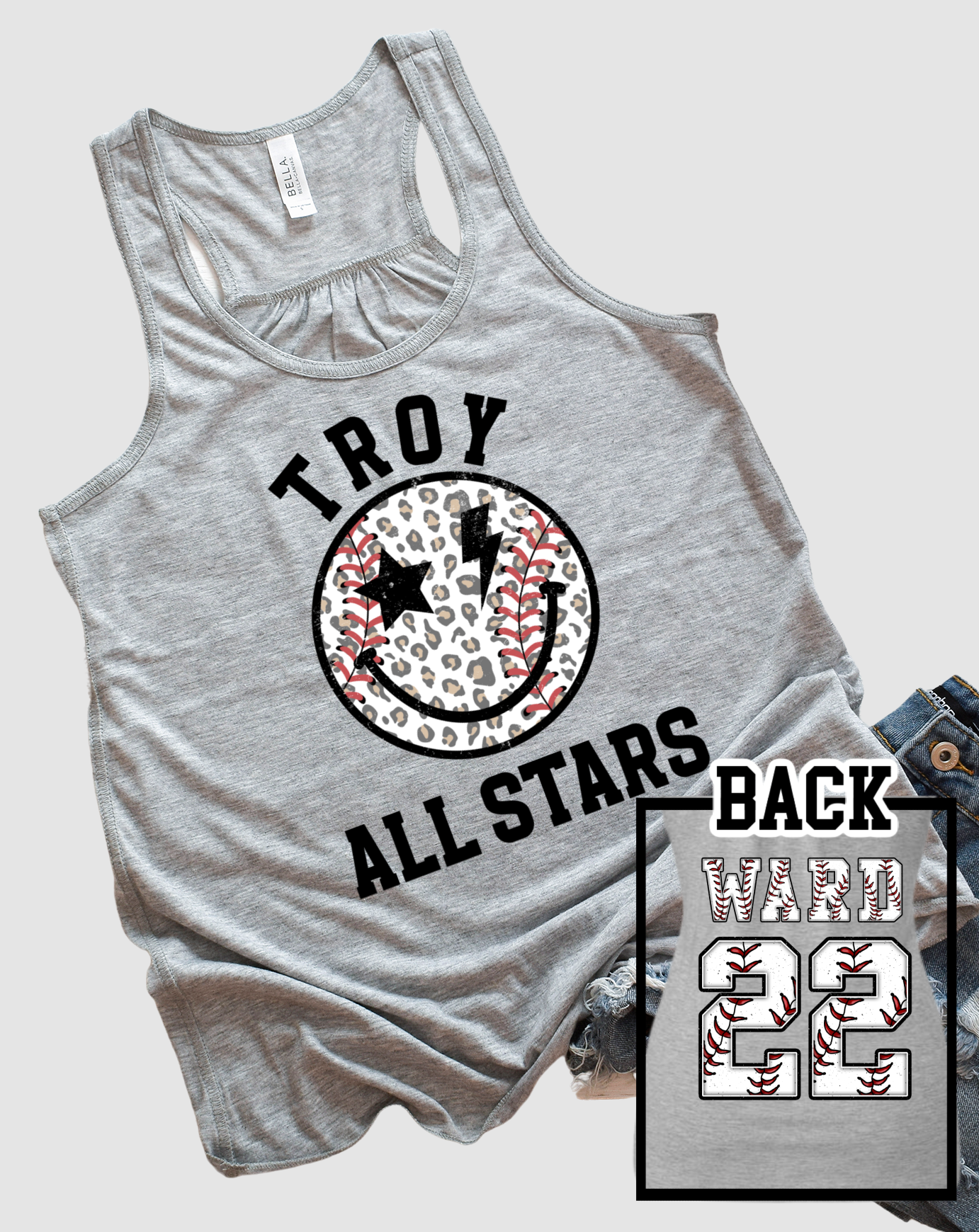 Front and Back Printed Troy Baseball Leopard Flowy Tank Adult