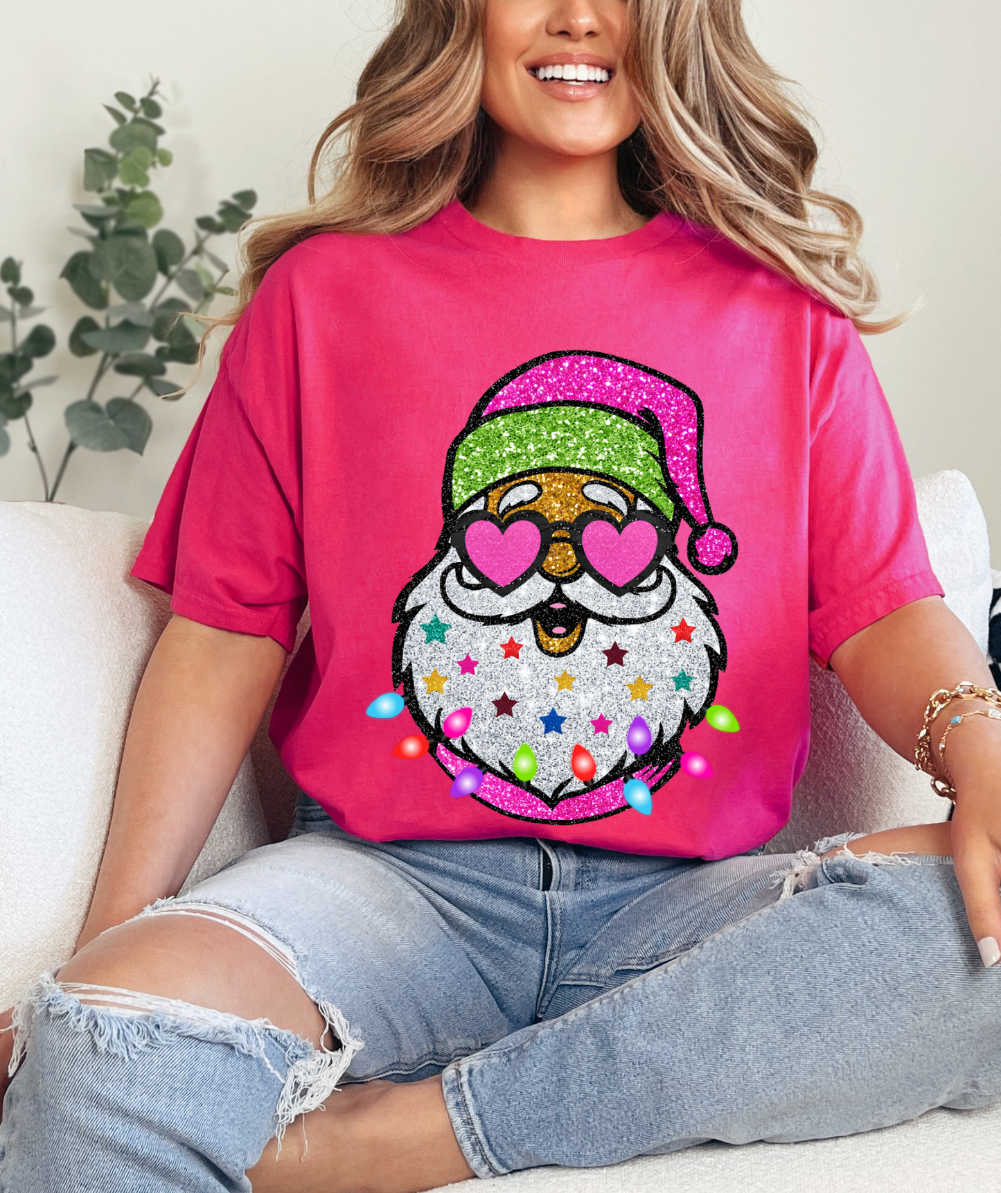 Pink Santa Faux Glitter Shirt/ Christmas Tee/ Youth and Adult Sizes - DTF Print / Faux Glitter