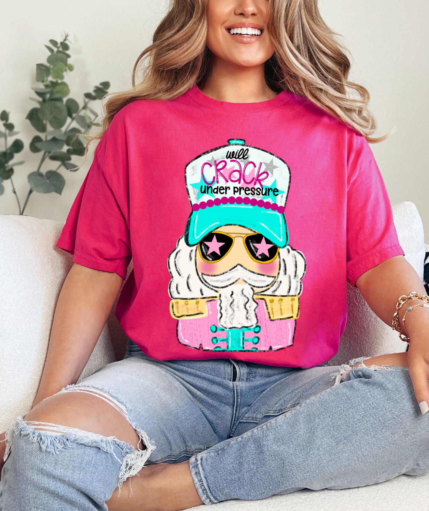 Pink Will Crack Under Pressure Nutcracker Faux Glitter Shirt/ Christmas Tee/ Youth and Adult Sizes - DTF Print / Faux Glitter