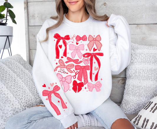 Gildan or Bella Super Cute Valentines Bows Sweatshirt with Print on Sleeve