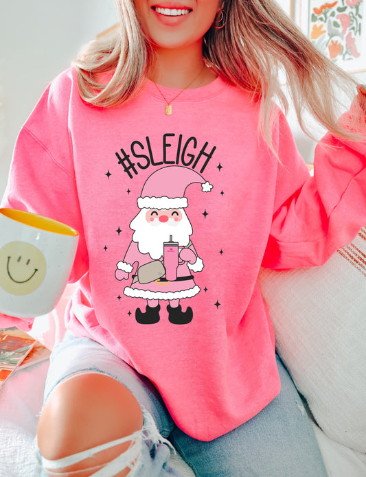 Pink Sleigh Santa Stanley Bumbag Sweatshirt-  Youth and Adult Sizes - Christmas Shirt