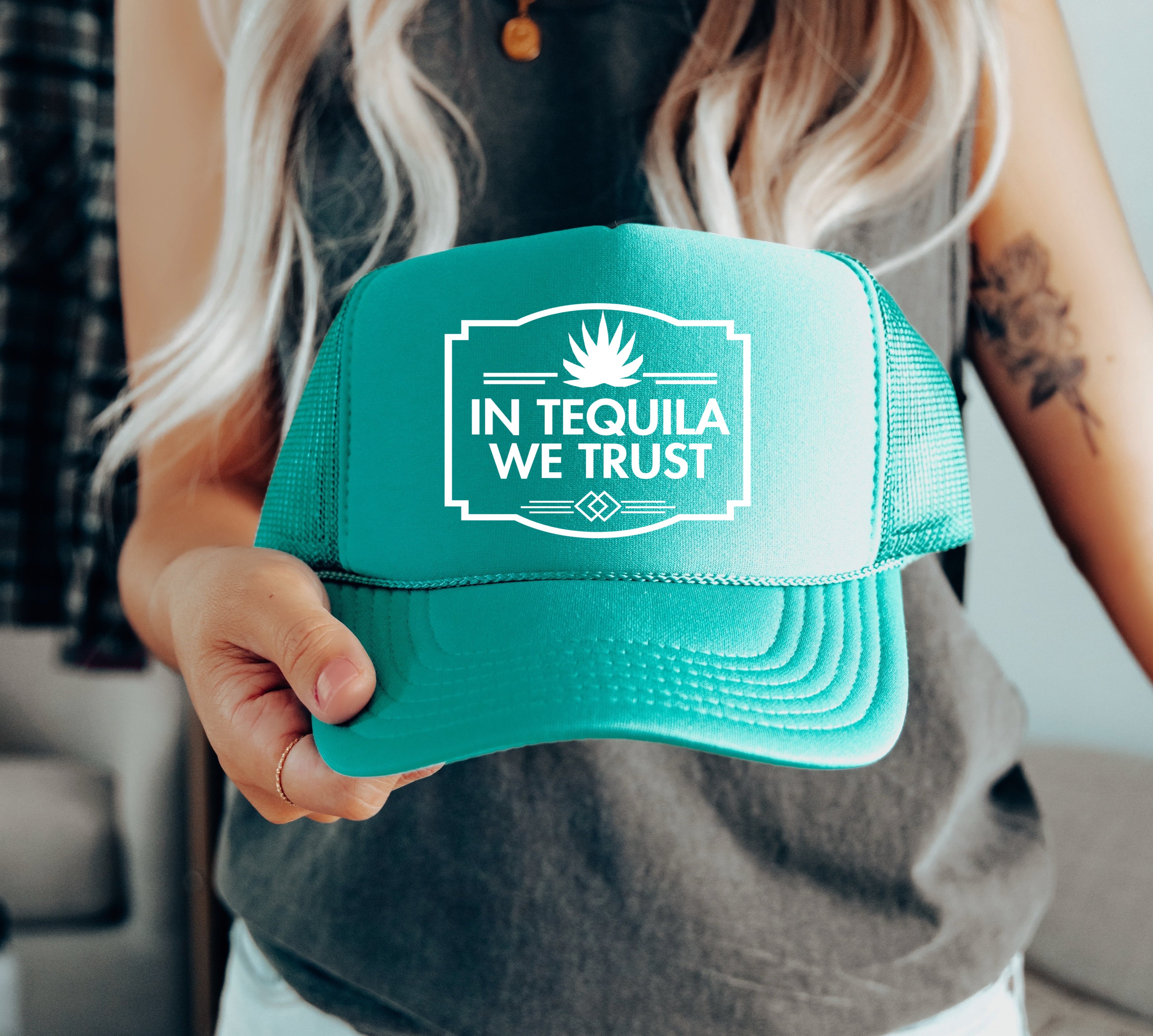 in Tequila We Trust Funny Trucker Hat White with Black