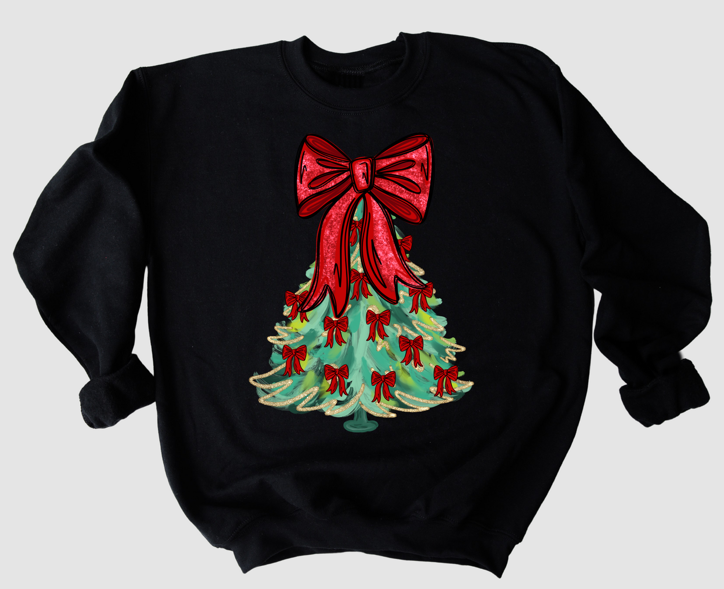 Black Christmas Bow Tree Sweatshirt - Adult Sizes - Gildan or Bella Canvas/ Faux Foil DTF Printed Sweatshirt