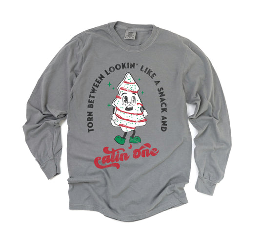 Comfort Colors Long Sleeved Torn Between Looking Like a Snack and Eatin' One Tee -  Youth and Adult Sizes - Christmas Shirt (Youth are LAT Brand)