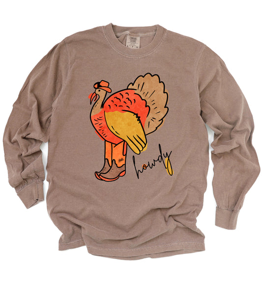 Comfort Colors Espresso Long Sleeve Turkey Howdy Shirt/ Thanksgiving Shirt