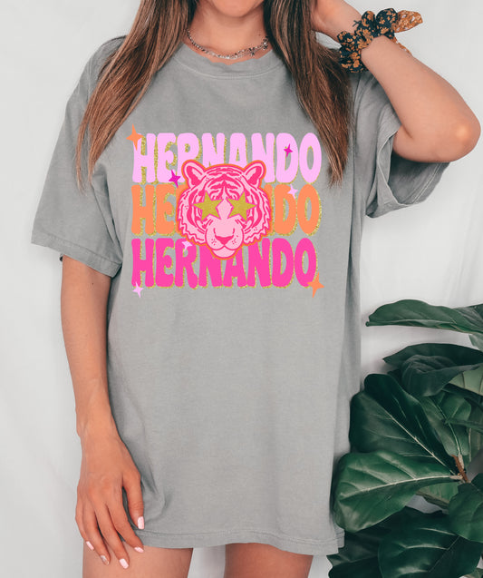 Gray Comfort Colors Hernando Tigers Pink Print Tee / Hernando -Desoto County Schools / Mississippi School Shirt