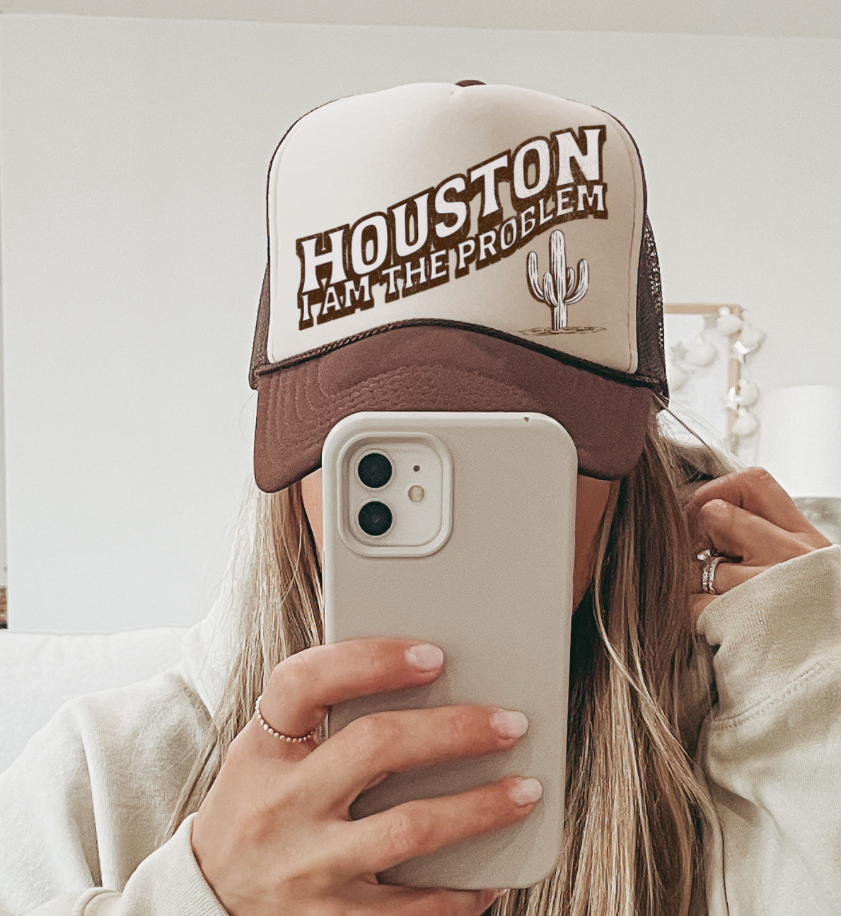 Tan/ Brown Houston I Am The Problem (With Cactus) Western Trucker Cap/ Girls Trip Hat/ Vacation Hat/ Concert Hat