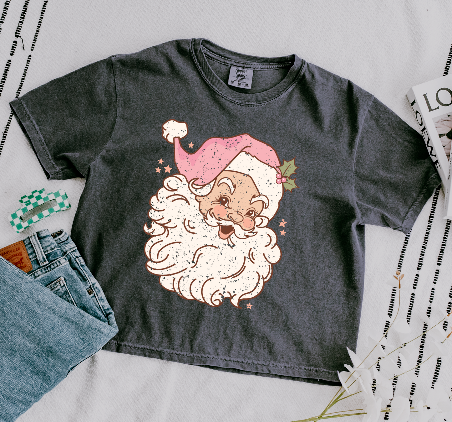 Cropped Comfort Colors Christmas Pink Santa Tee