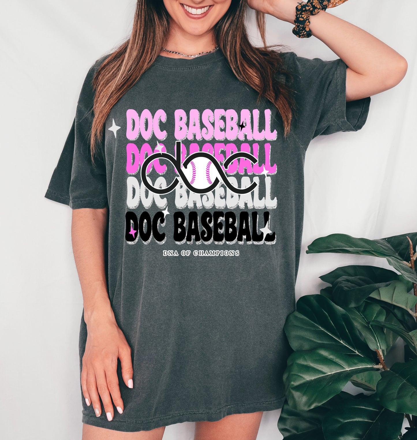 Comfort Colors DOC Baseball Stacked Tee/ Youth and Adult Sizes - Pink/Black