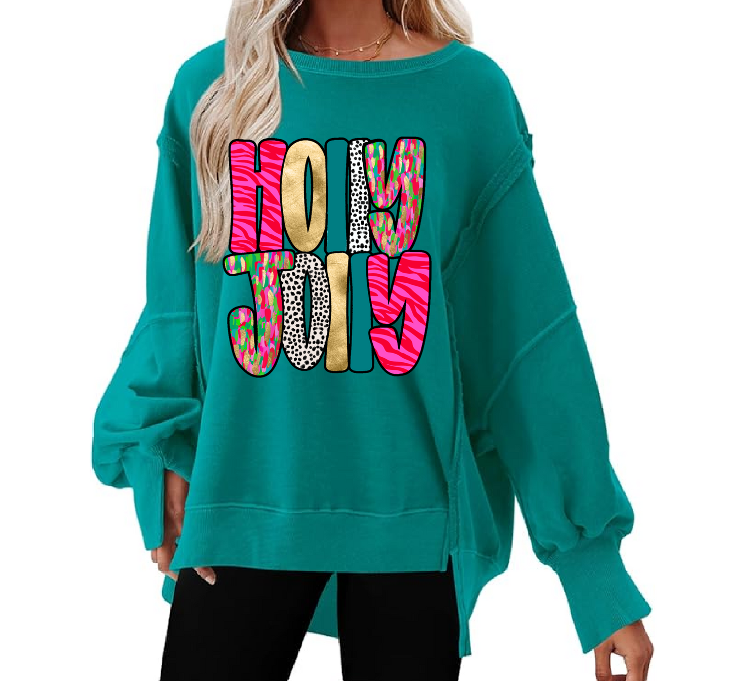 Boutique Balloon Sleeve Holly Jolly Christmas Sweater - Direct To Film Printed