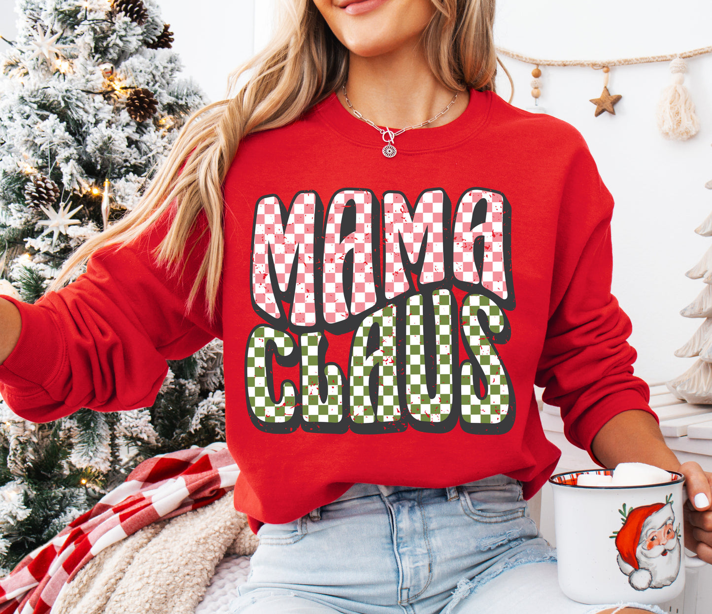 Mama Claus Gildan or Bella Christmas Sweatshirt/ Direct To Film Transferred Faux Glitter Sweatshirt/ Youth and Adult Sizes