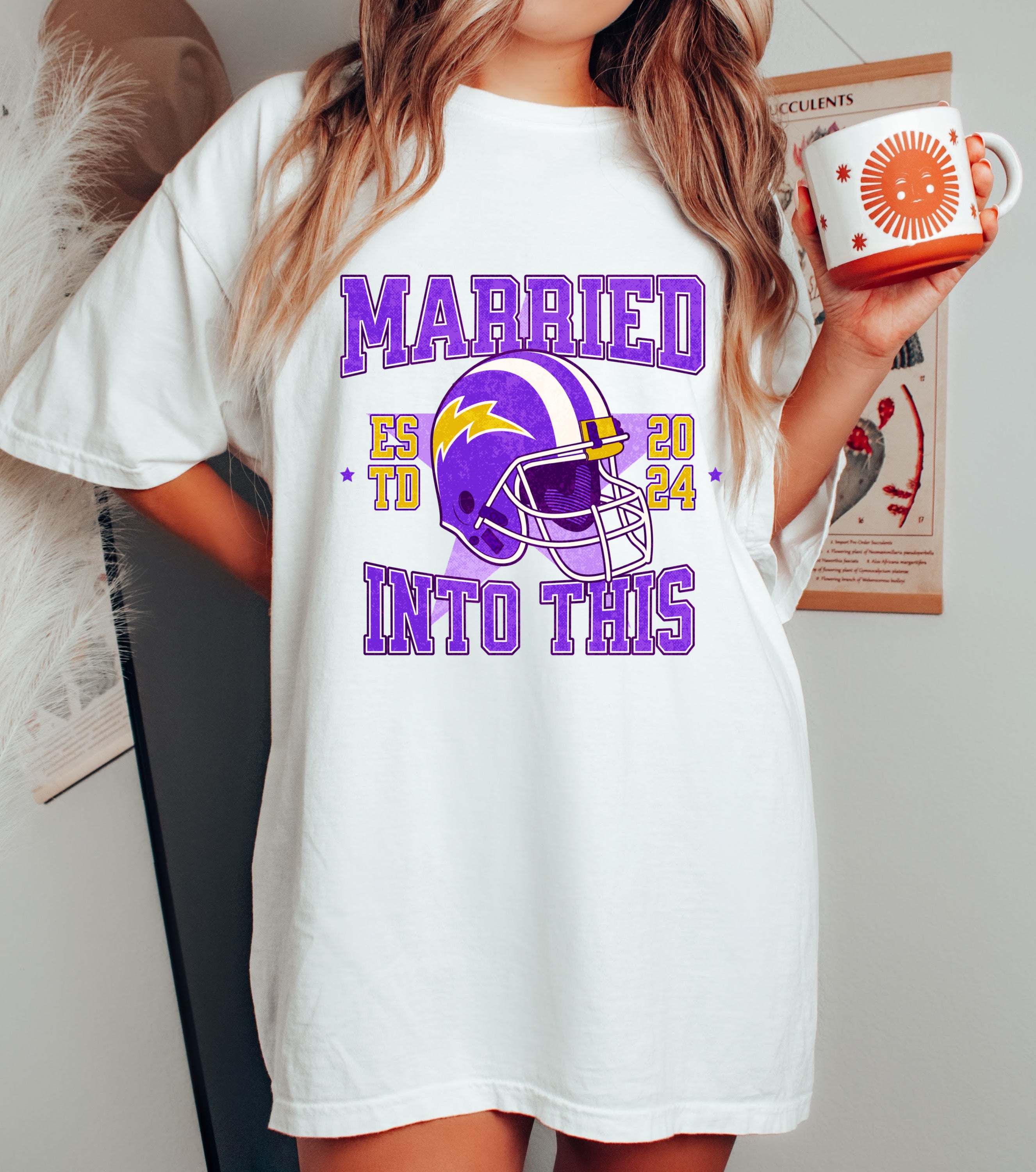 Pink Mustache Boutique Comfort Colors or Bella Canvas Funny Married Into This Football Shirt LSU Colors Purple Gold Adult S Bella Canvas