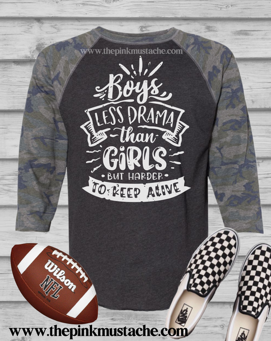 Boys - Less Drama Than Girls But Harder To Keep Alive - Funny Mom Shirts / Camo Raglan Mom Shirts