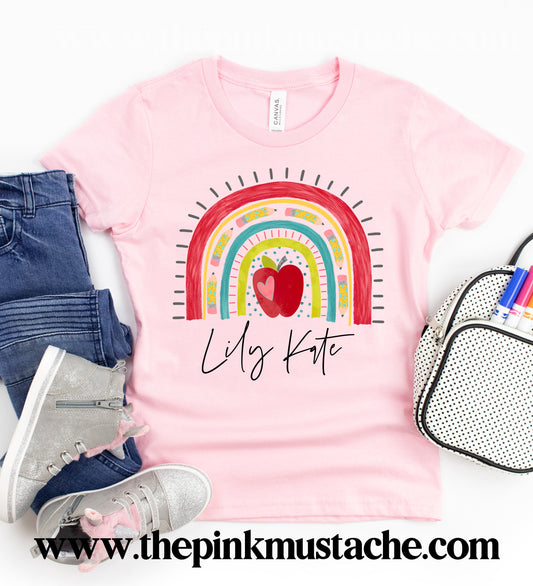 Custom Rainbow with Name Pink Back To School Tees / Teacher and Student Shirts