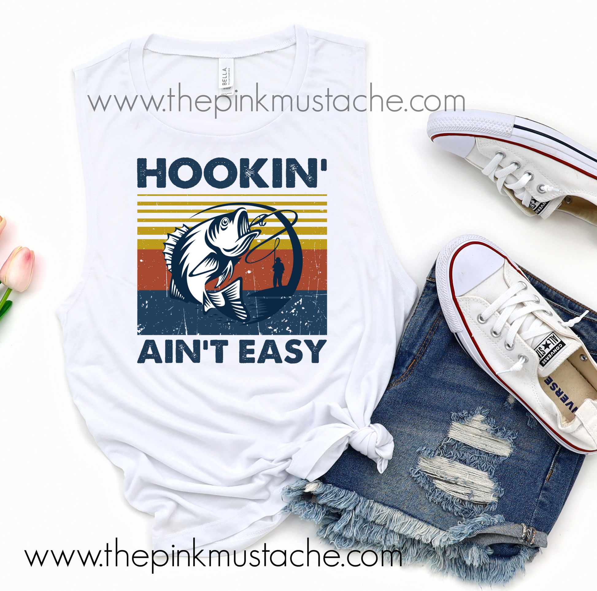 Hookin' Ain't Easy Funny Fishing Shirt MENS AND WOMENS CUT Muscle Tank –  Pink Mustache Boutique