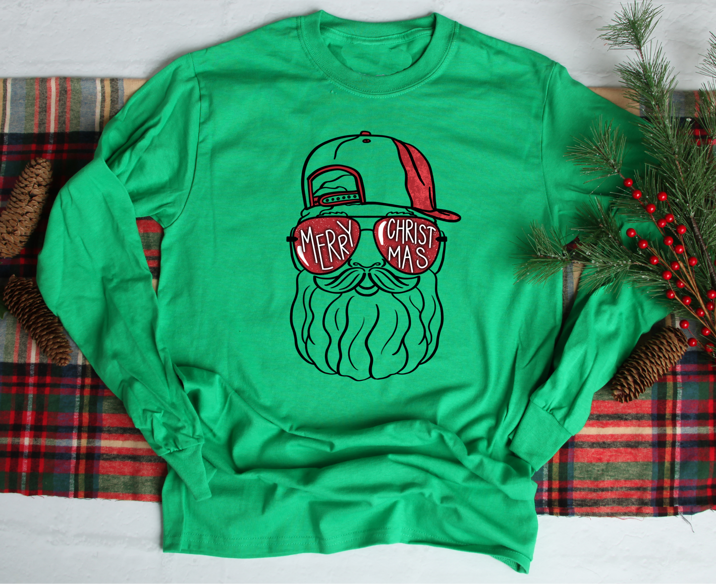 Santa Clause Stitched Patched Long Sleeve Shirt 2XL Green Vintage
