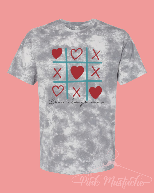 Love Always Wins Tic Tac Toe Shirt / Valentines Shirt/ Super Cute Unisex Alternative Tie Dye Smoke Tee