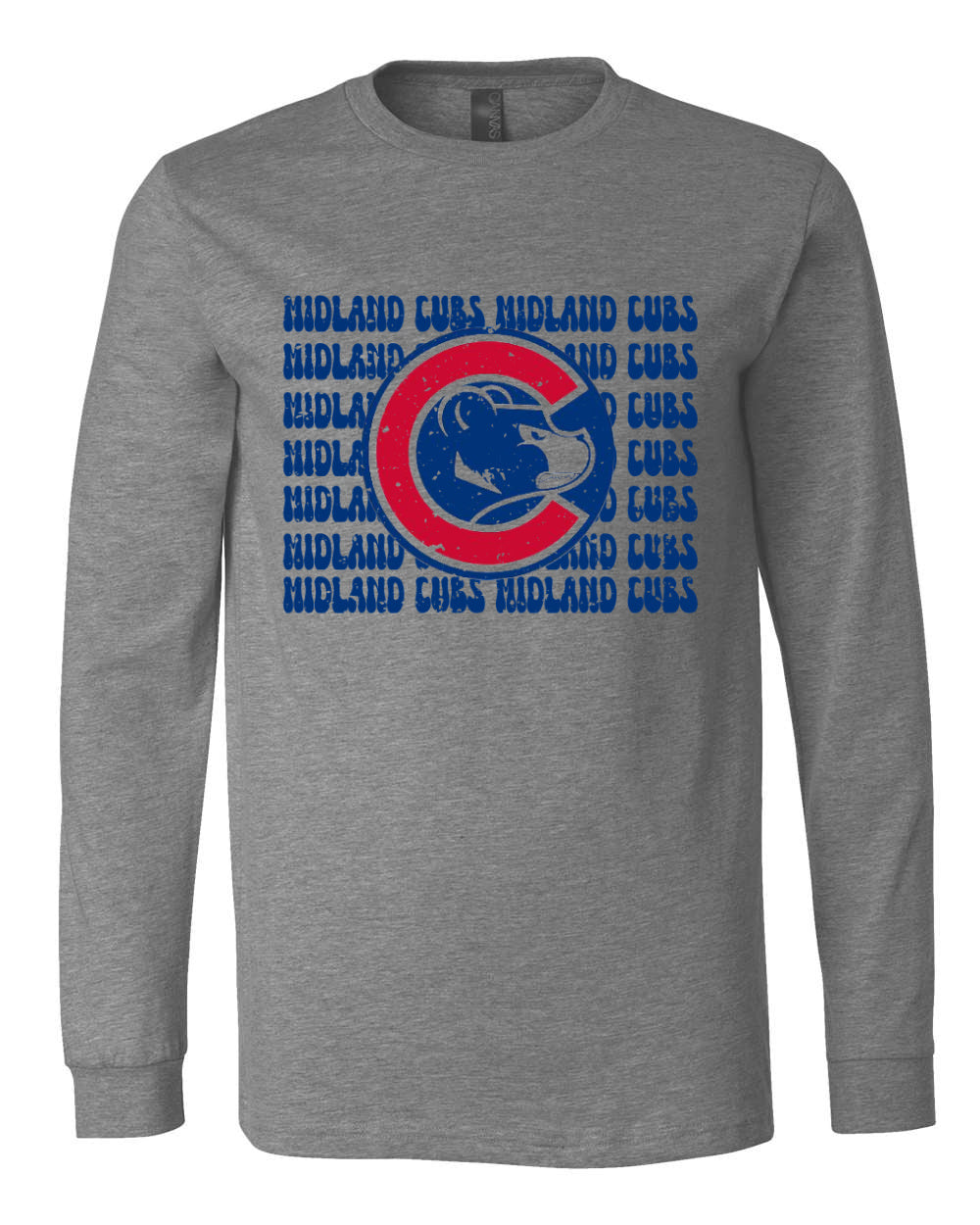 Gray Long Sleeved Midland Cubs Soft Style Tee/ Front and Back Printing - Script