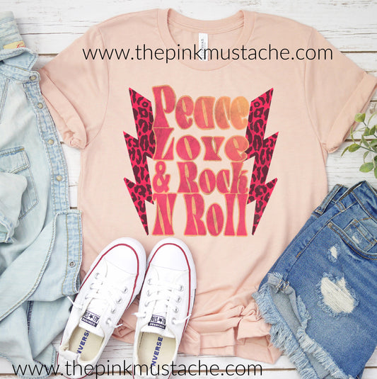 Peace Love Rock N Roll Peach Tee / Distressed Grunge Rocker Tee/  Rock N Roll Shirt