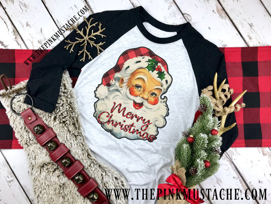 Retro Vintage Santa Merry Christmas / Merry Christmas Santa Boutique Raglan / Youth and Adult sizing / Buffalo Plaid Christmas