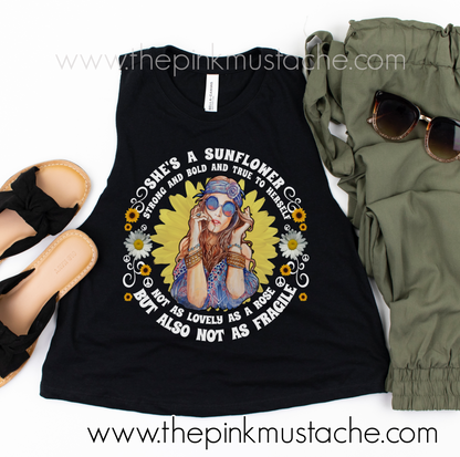 She's A Sunflower, Strong and Bold and True To Herself - Hippie T-Shirt/ Racerback, Crop, or Muscle Tank