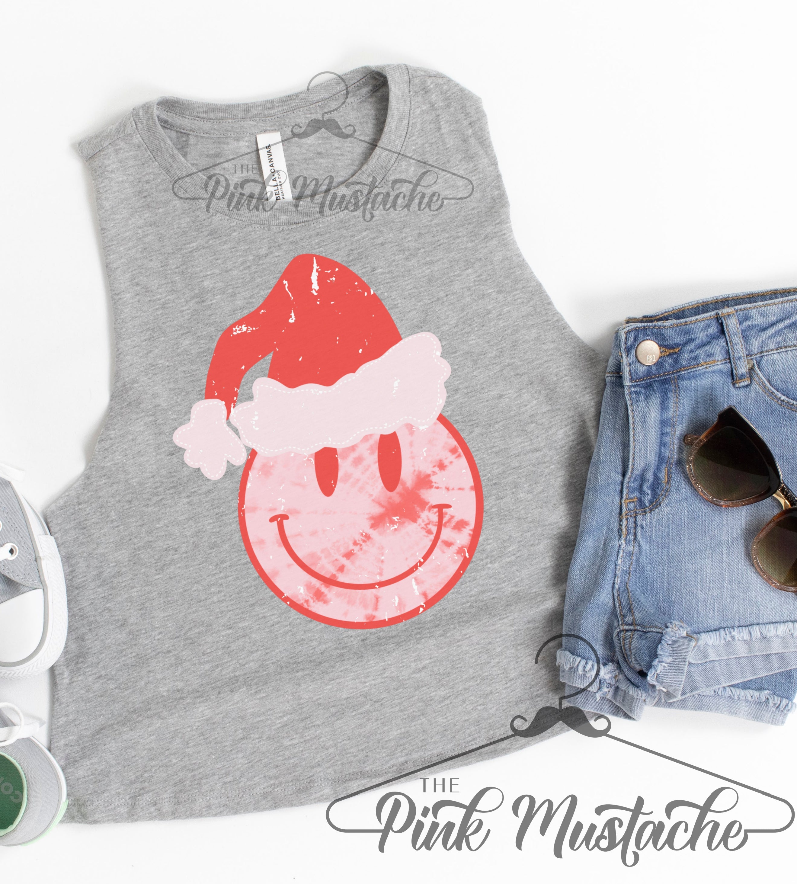 Smiley Face Santa Hat Christmas Workout Cropped Tank Christmas Worko Pink Mustache Boutique