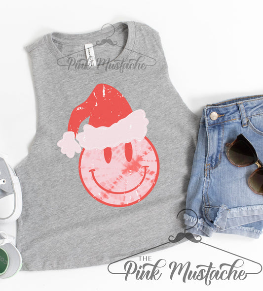 Smiley Face Santa Hat Christmas Workout Cropped Tank / Christmas Workout Tank