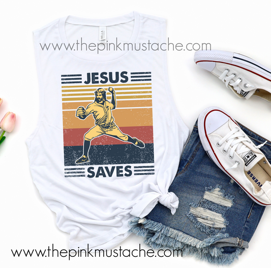 Funny Jesus Saves Retro Baseball Tank - Unisex Mens and Women's Cut Tank Top/ Funny Retro Vintage Tanks