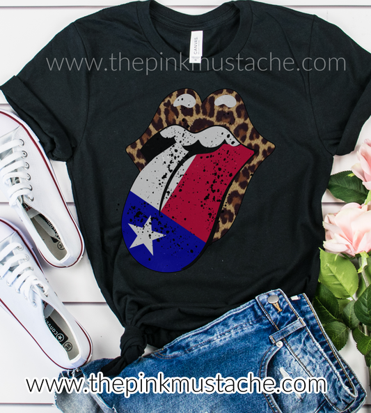 Texas Leopard Tongue Tee/ Rock N Roll Leopard Tongue Tee - Texas - Bella Canvas