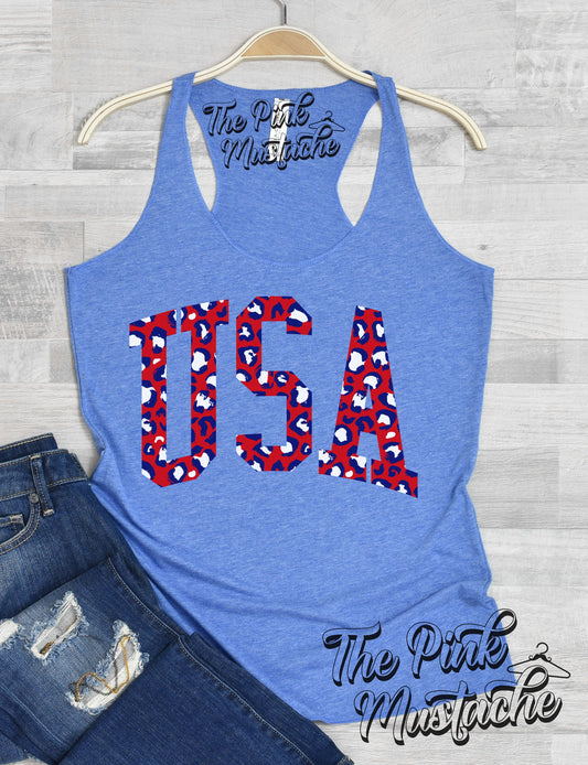 Blue 4th of July USA Merica USA Patriotic Leopard Racerback Tank Top/ Youth and Adult Sizes Available