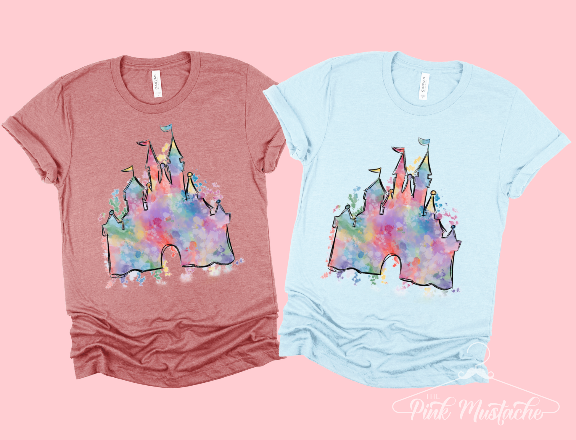Watercolor Castle Tee - Disney World or Disneyland Group Trip Shirts - Watercolor Disney Tee adult XL / Mauve (Left)